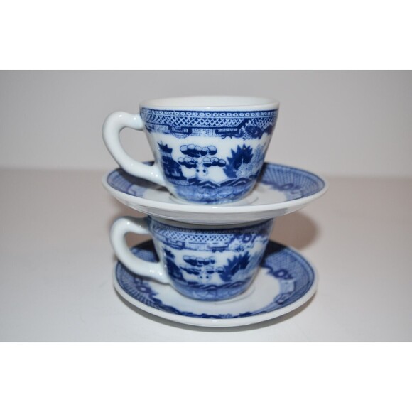 Vtg Blue Willow Demitasse Cup & Saucer blue & white set of 2 Love Birds - Picture 10 of 10